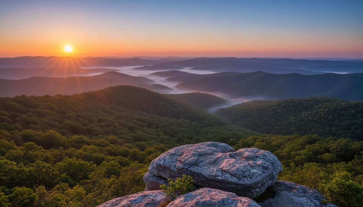 Layered Ouachita Mountain ridges at golden-hour sunrise with valley mist filling the hollows.