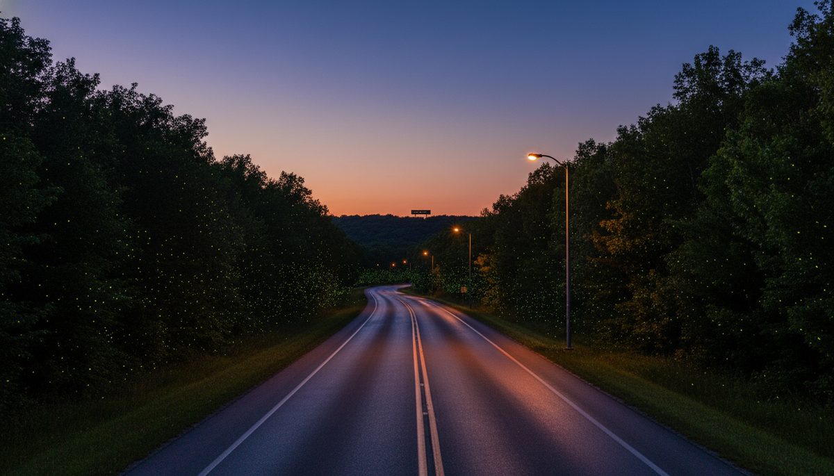 A rural Ozark highway at twilight winding through forested hills toward a distant state-line marker silhouette.