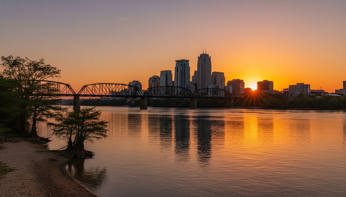The Little Rock skyline at sunset across the Arkansas River with a steel-truss bridge silhouette in the middle distance.